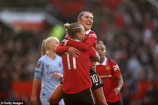 Katie Zelem of Manchester United celebrates with teammates after scoring their side's first goal during the FA Women's Super League match last year