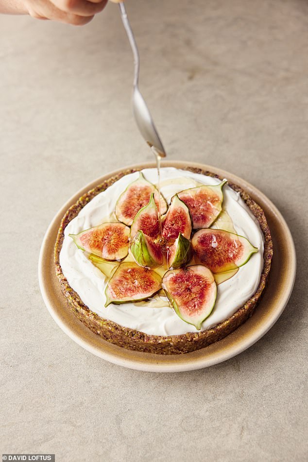 Take the fuss out of creating a show-stopping dessert with this super-quick no-cook fig tart ¿ a delicate base of crushed fruit and nuts, topped with yoghurt, figs and a drizzle of honey
