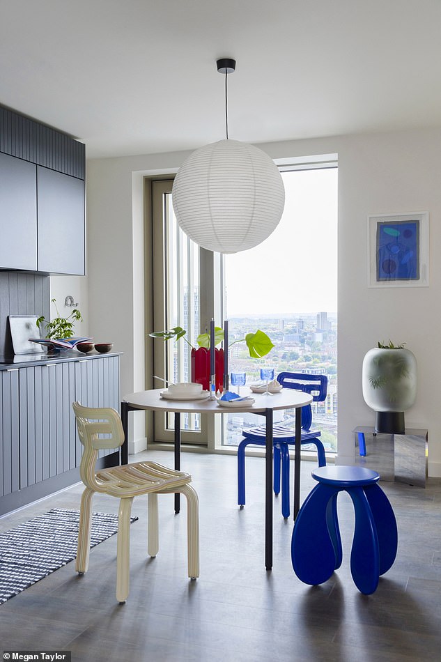 Follow the 60/30/10 rule: 60 per cent neutral shade for the backdrop (ie, walls); 30 per cent for the accent colour (in this case cobalt) for furniture, curtains and/or lights, and ten per cent for another bold accent (red, orange) on vases, cushions and other accessories