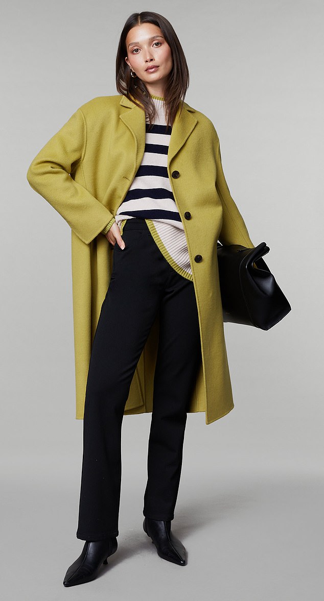 Coat, £299, jumper, £125, and trousers, £89, Jaeger; bag, £99, and boots, £69, M&S Collection, all marksand spencer.com