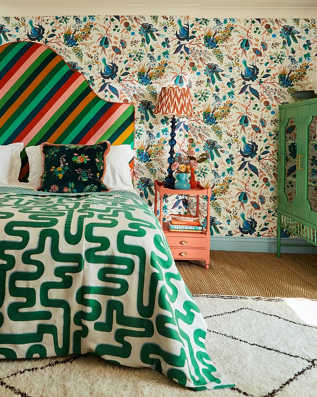 The look thrives on colour – and the higher the contrast, the more intense the drama. Replace traditional shades such as china blue and pale pink with bold, saturated rainbow tones including red, hot pink, yellow and teal. Headboard in Sherbet Stripe fabric, £115 per m; bedspread in Meander fabric, £95 per m; Wonderland Floral wallpaper, £159 per roll, all Harlequin x Sophie Robinson, harlequin. sandersondesigngroup.com